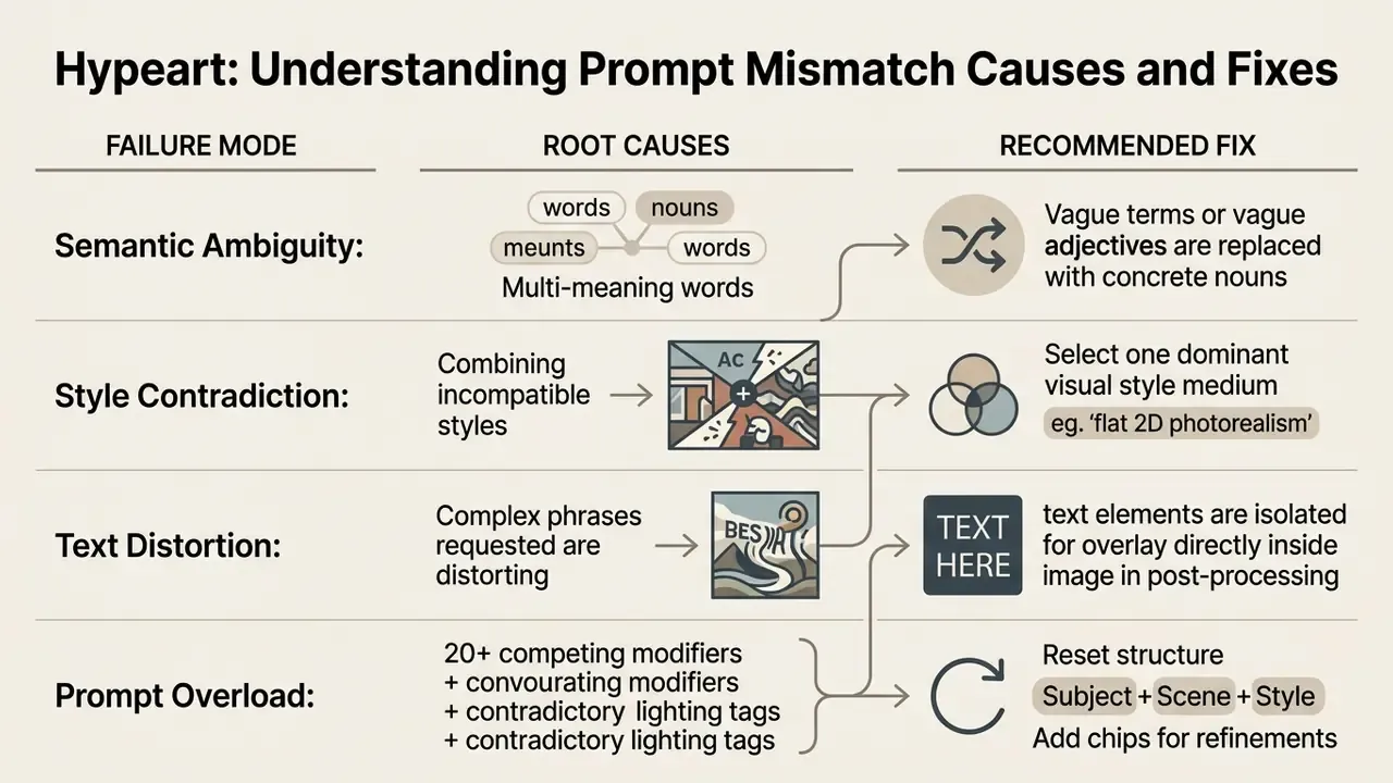 Table mapping prompt failure modes to their root causes and recommended solutions for image generation