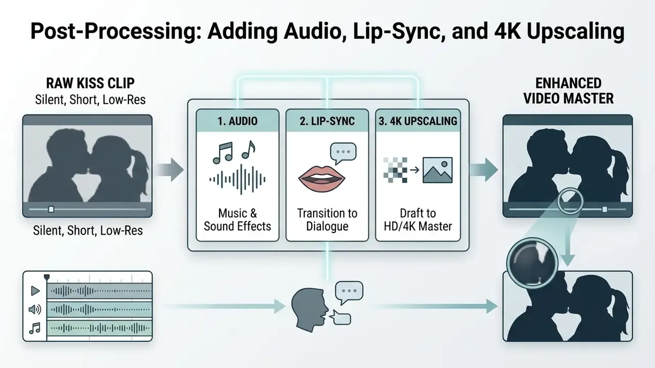Three-step workflow showing audio, lip-sync, and 4K upscaling to transform a raw kiss clip into a master