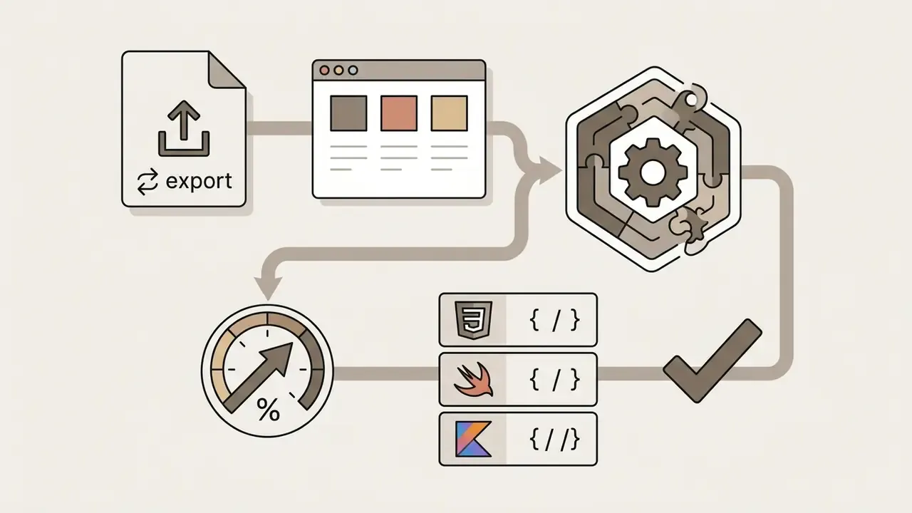 File export and browser icons feeding into a gear processor to generate CSS, Swift, and Kotlin code snippets