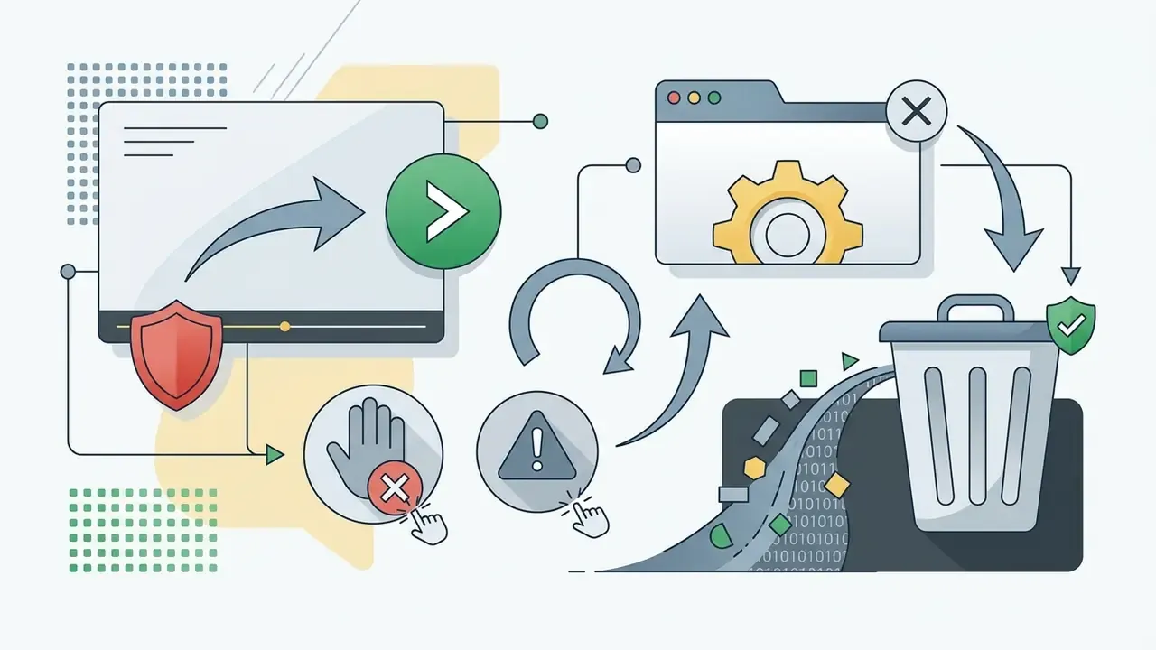 Interface showing a next button, block and report icons, and data being cleared into a trash bin