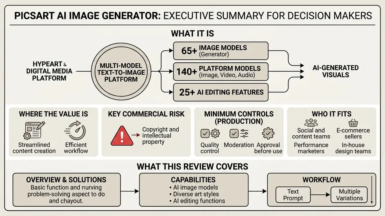Infographic detailing the Picsart AI image generator platform capabilities, risks, and target audiences