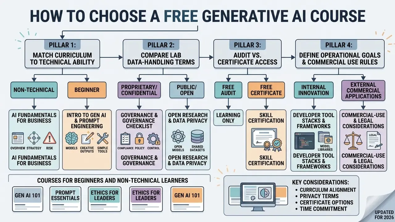 Flowchart outlining four pillars for evaluating free generative AI courses based on skills and goals