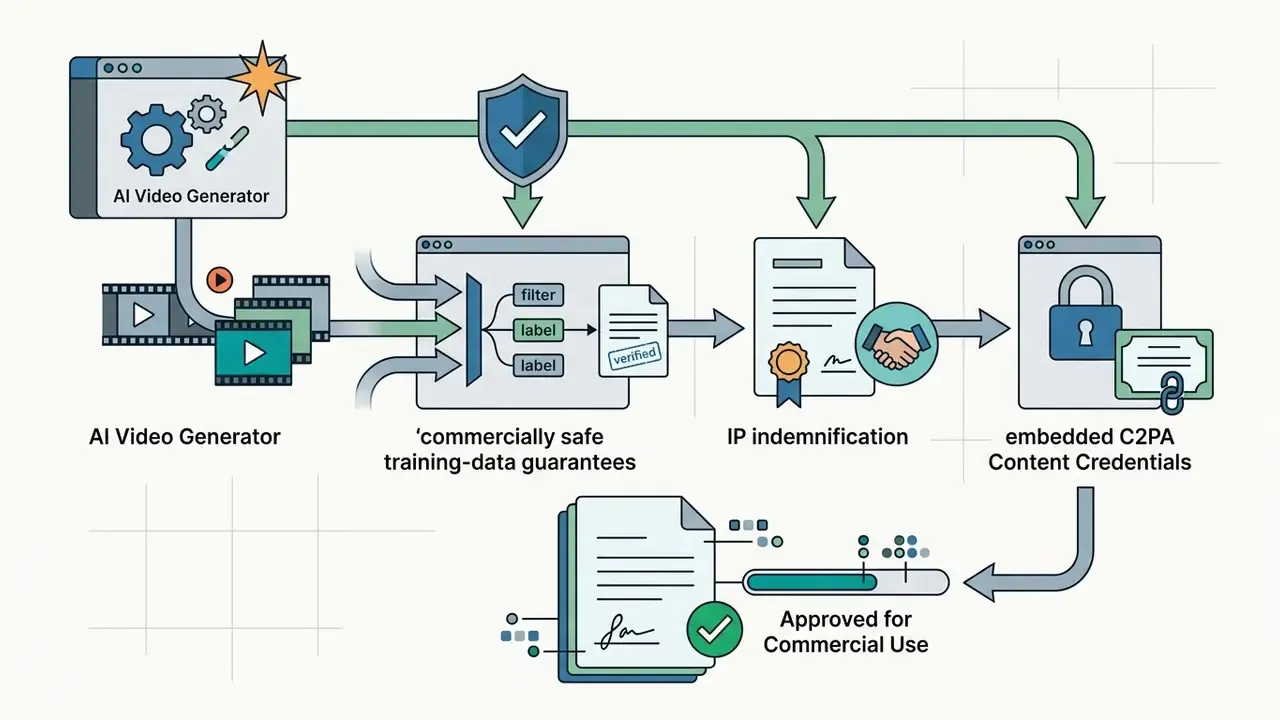 Process flow showing AI video generation steps for training data safety, IP indemnification, and compliance