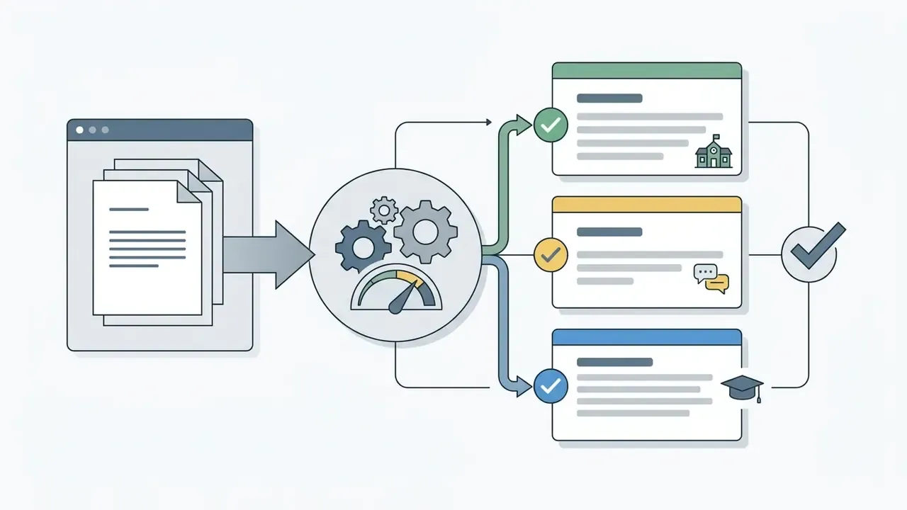 Document inputs feeding into a gear system that processes reading levels into structured output formats