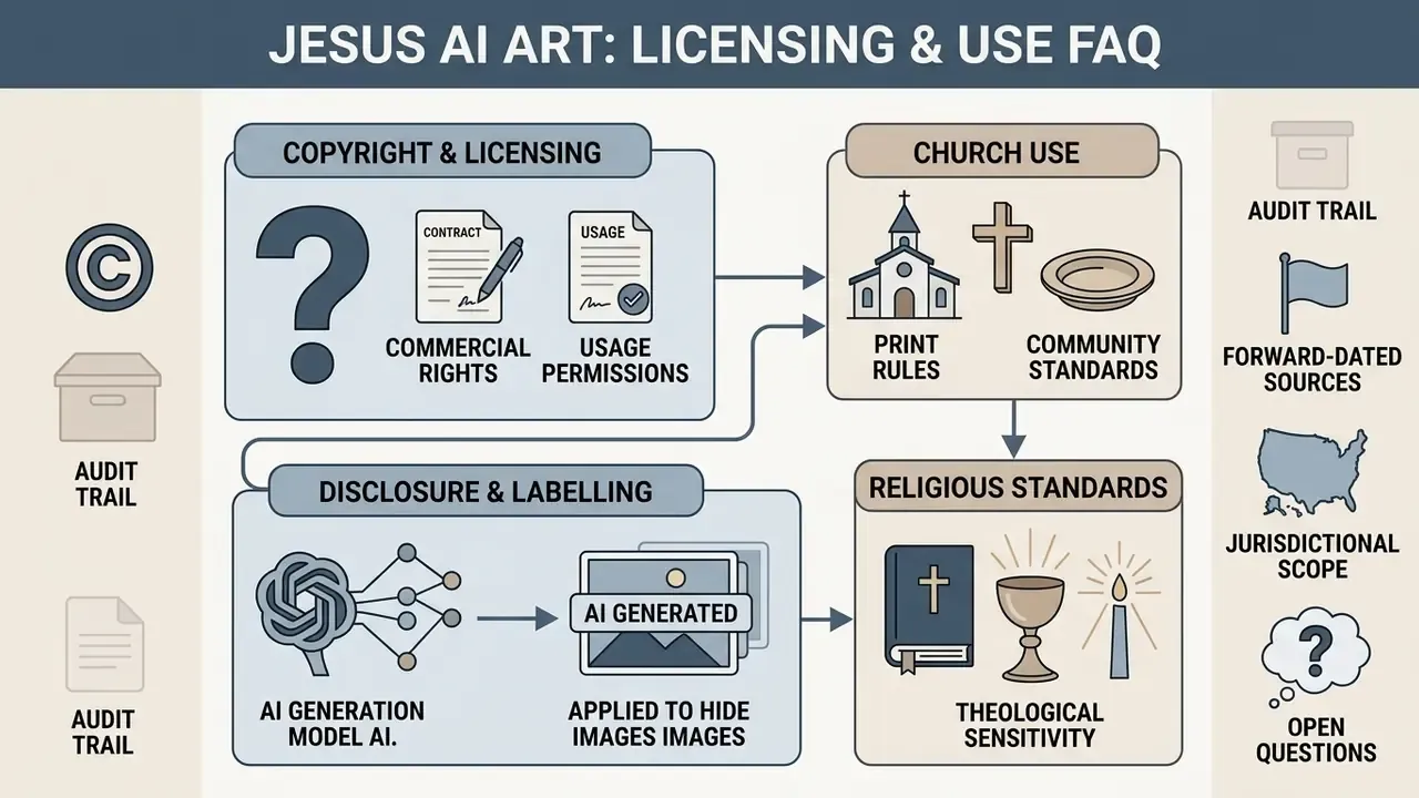 Diagram mapping copyright, church usage, disclosure requirements, and religious standards for synthetic media