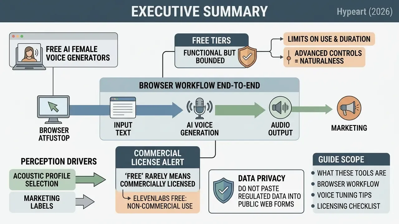 Infographic showing the browser workflow and usage limitations for a free AI female voice generator