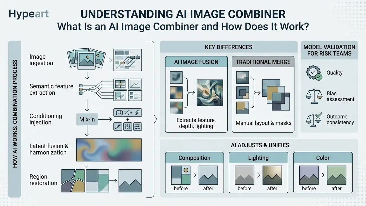 Infographic detailing the technical steps and validation metrics for an AI image combiner process