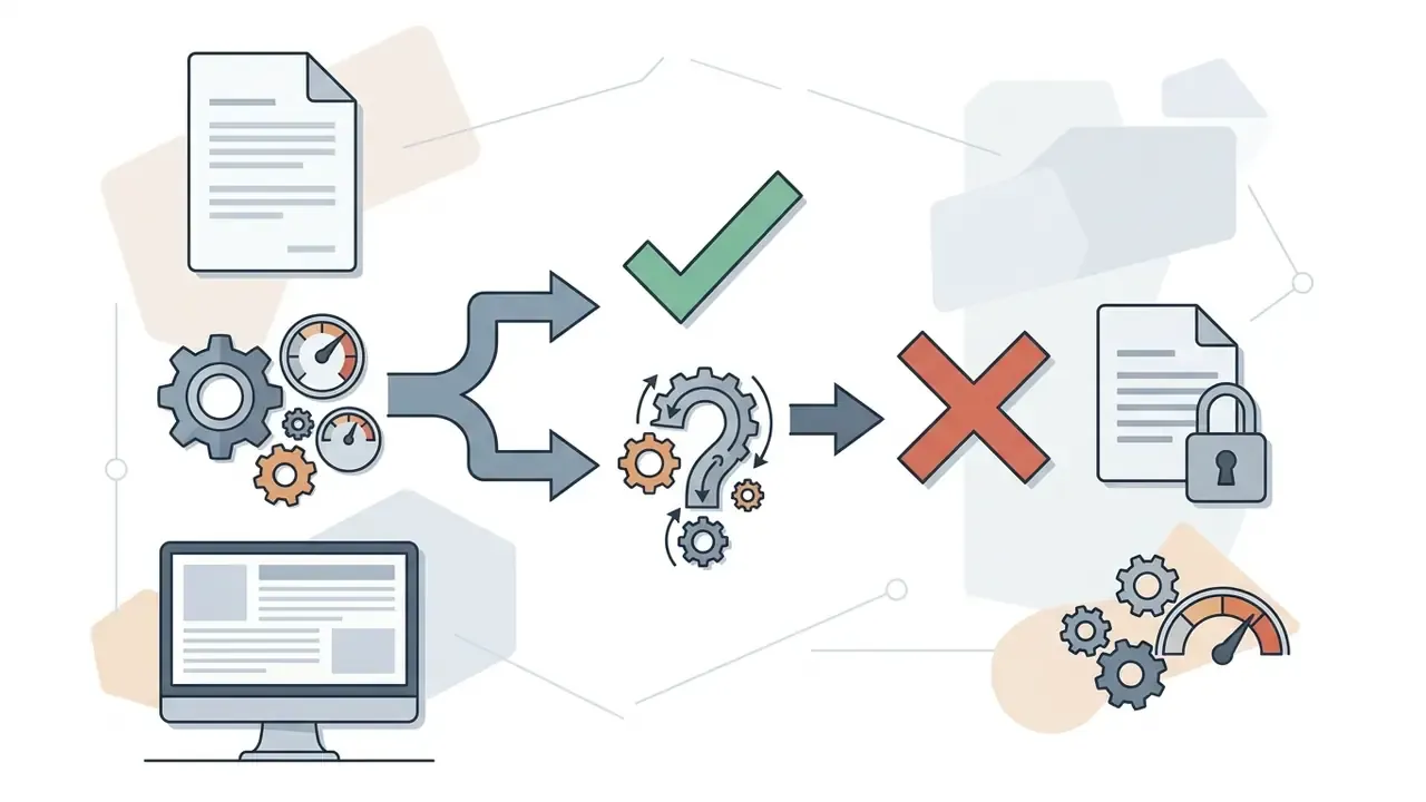 Document and gear icons branching toward a green checkmark or a red cross with a locked file