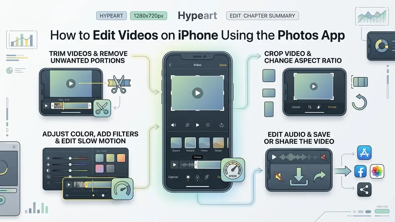 Infographic showing steps to trim, crop, adjust color, and share videos within the iPhone Photos app