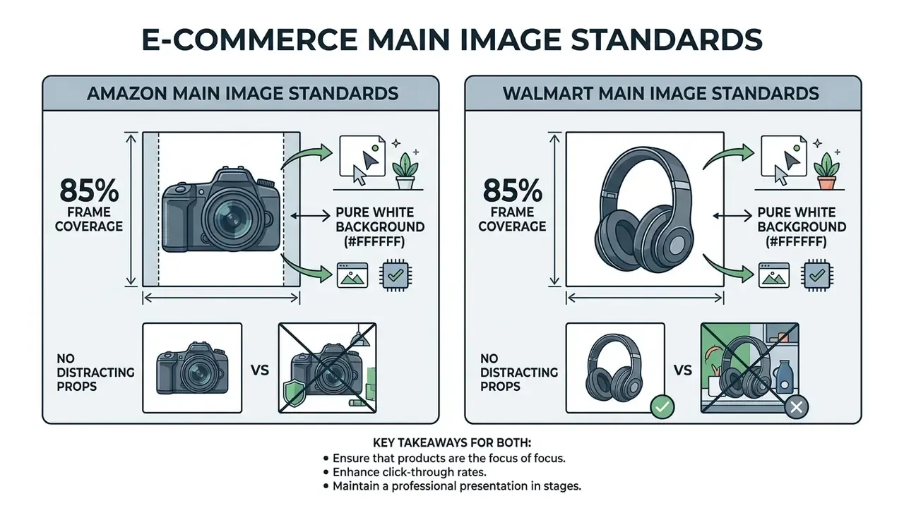 Comparison infographic showing product photography requirements for Amazon and Walmart e-commerce platforms
