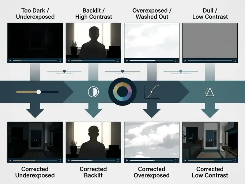 Comparison of video lighting defects before and after applying exposure and contrast adjustments