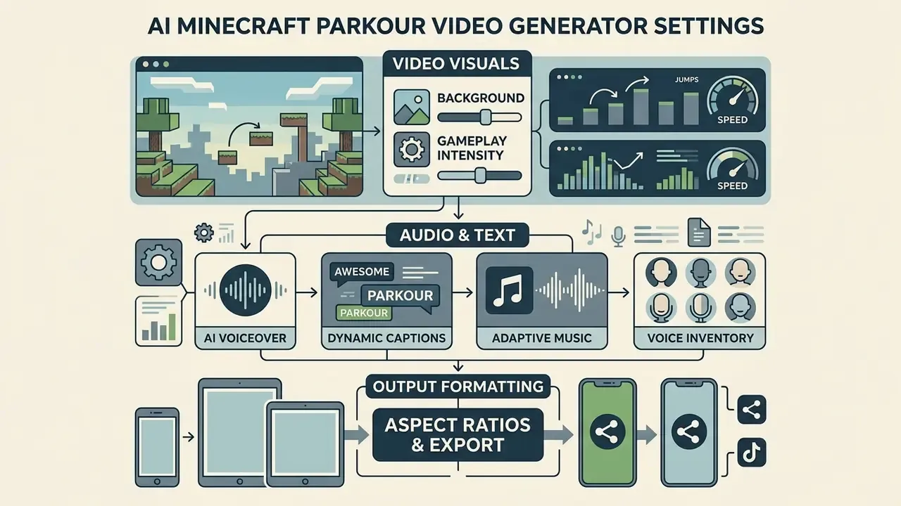 System diagram showing controls for Minecraft parkour video visuals, audio, and export formatting