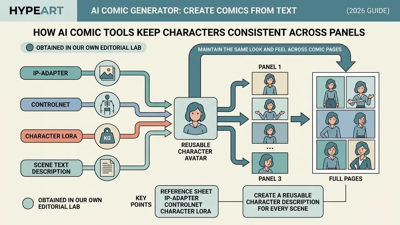 Flowchart showing how IP-Adapter, ControlNet, and Character LoRA inputs create a reusable avatar for comic panels