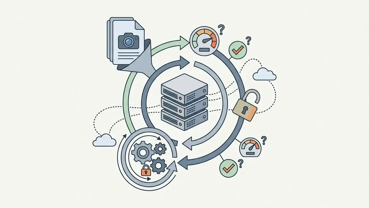 Photo files funneling into a server system with gears and an open padlock icon indicating data retention