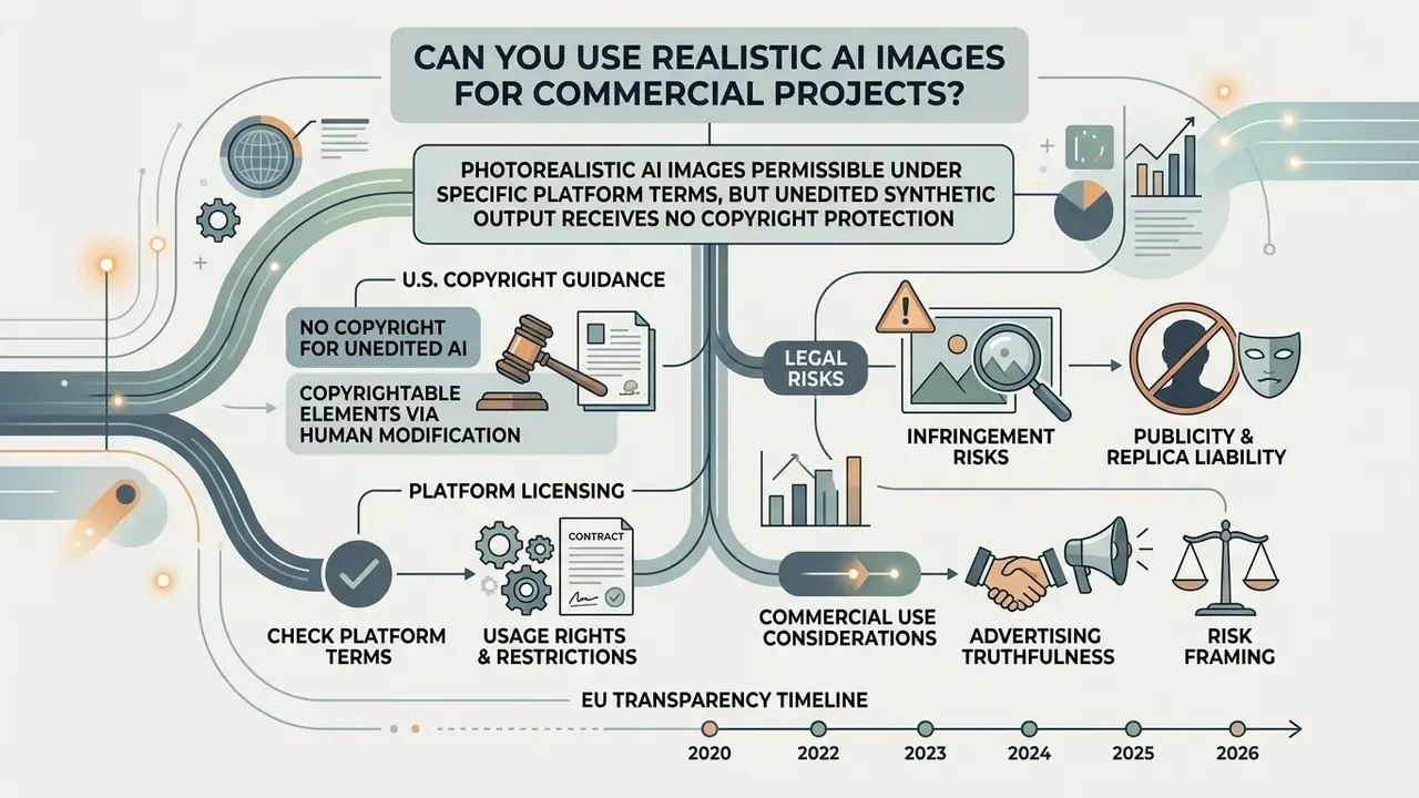 Flowchart outlining legal considerations for commercial use of synthetic media including copyright and risk