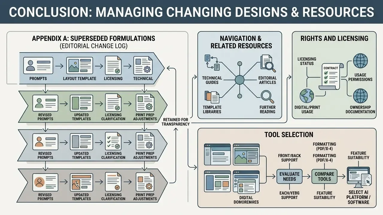 Summary of editorial change logs, navigation resources, licensing status, and tool selection processes