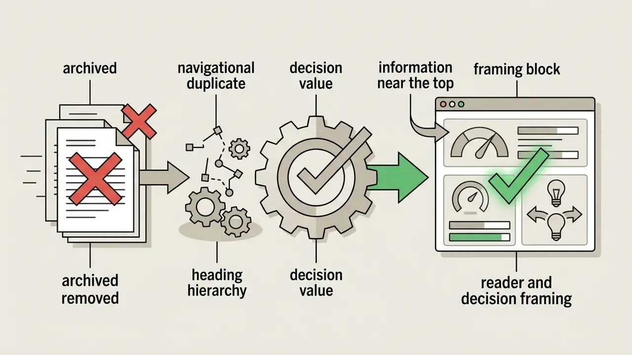 Archived documents with red crosses moving through gears into a dashboard with decision framing