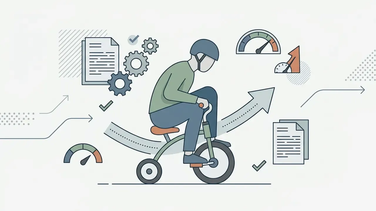 Person in a helmet riding a tiny tricycle surrounded by gears, documents, and speed gauges