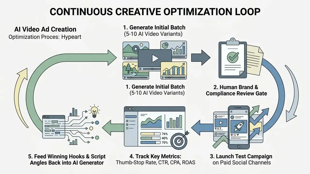 Circular workflow diagram showing video generation, human review, campaign testing, and performance tracking
