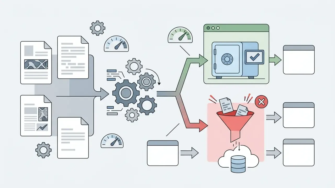 Documents feeding into a gear processor that splits into secure vault and risky funnel pathways