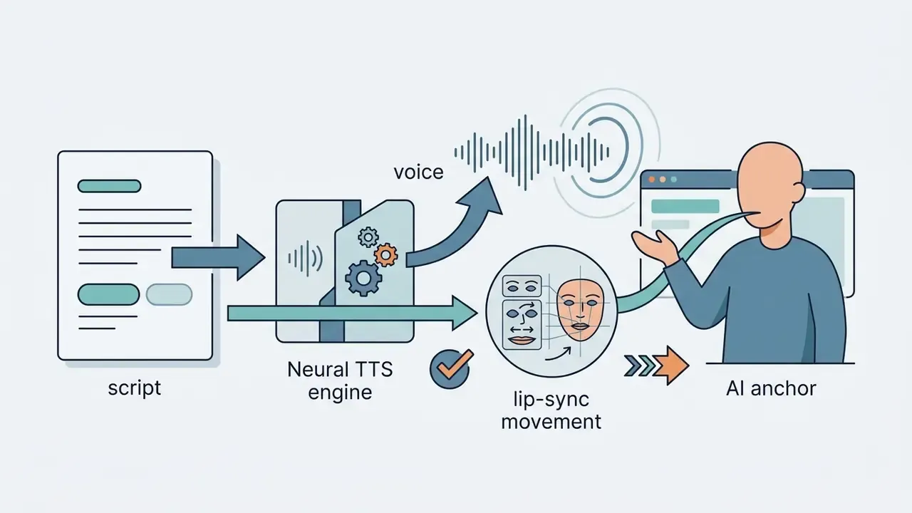 Process showing a script converted by a Neural TTS engine into synthetic voice and lip-synced AI anchor
