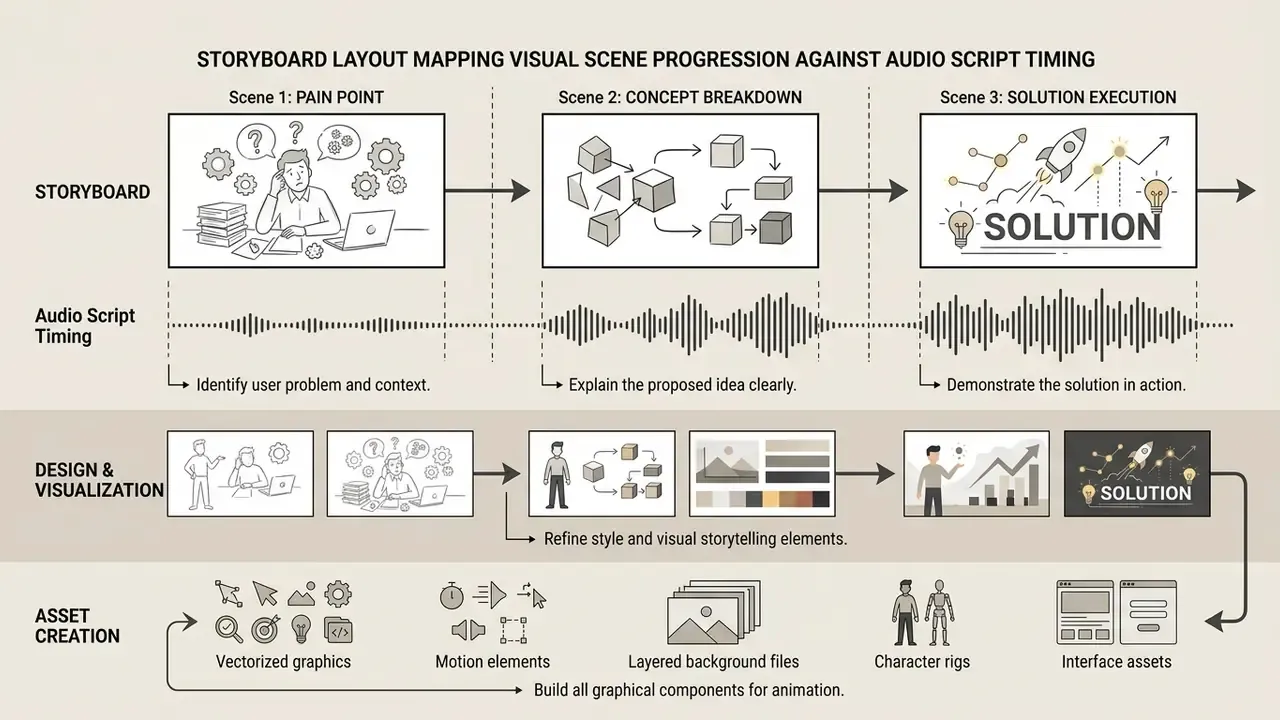 Infographic mapping storyboard scenes to audio timing and the subsequent design and asset creation steps
