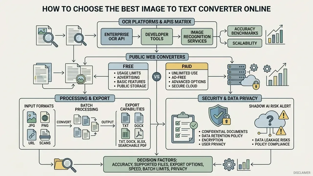 Comparison diagram contrasting free and paid OCR tools alongside data privacy and processing workflows