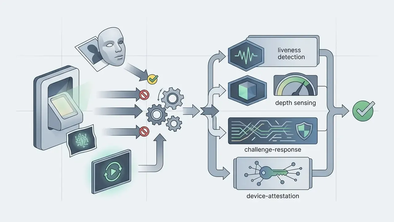 Biometric scanner processing spoofing attempts through liveness detection and security verification methods