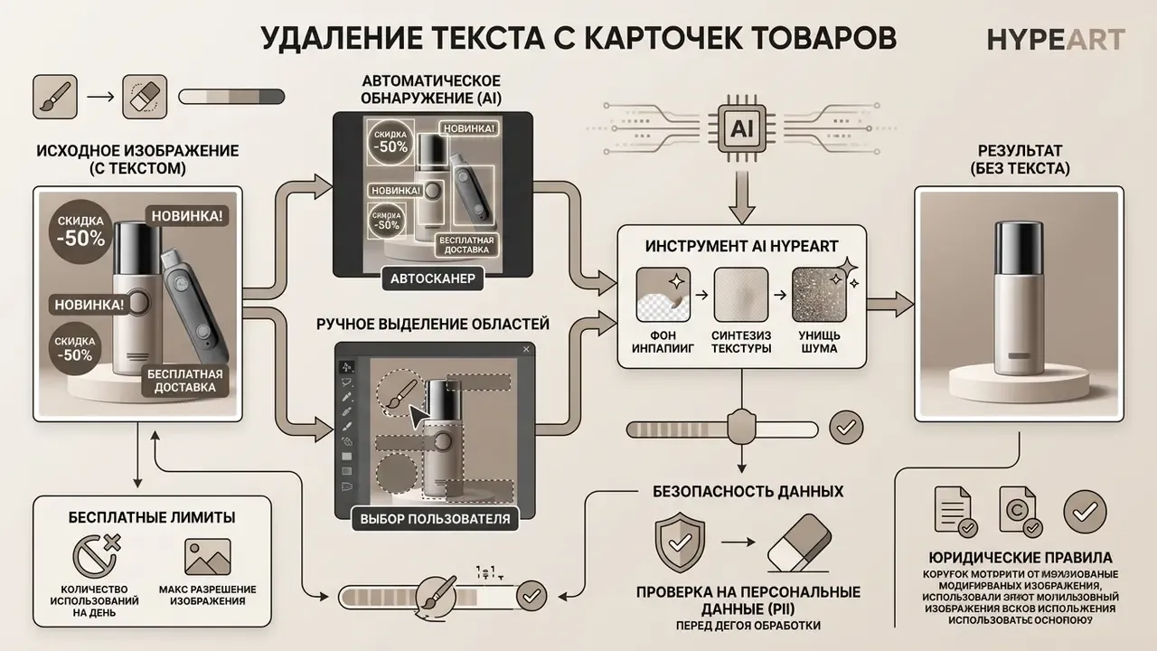 Infographic showing how to remove text from product photos using automated and manual selection tools