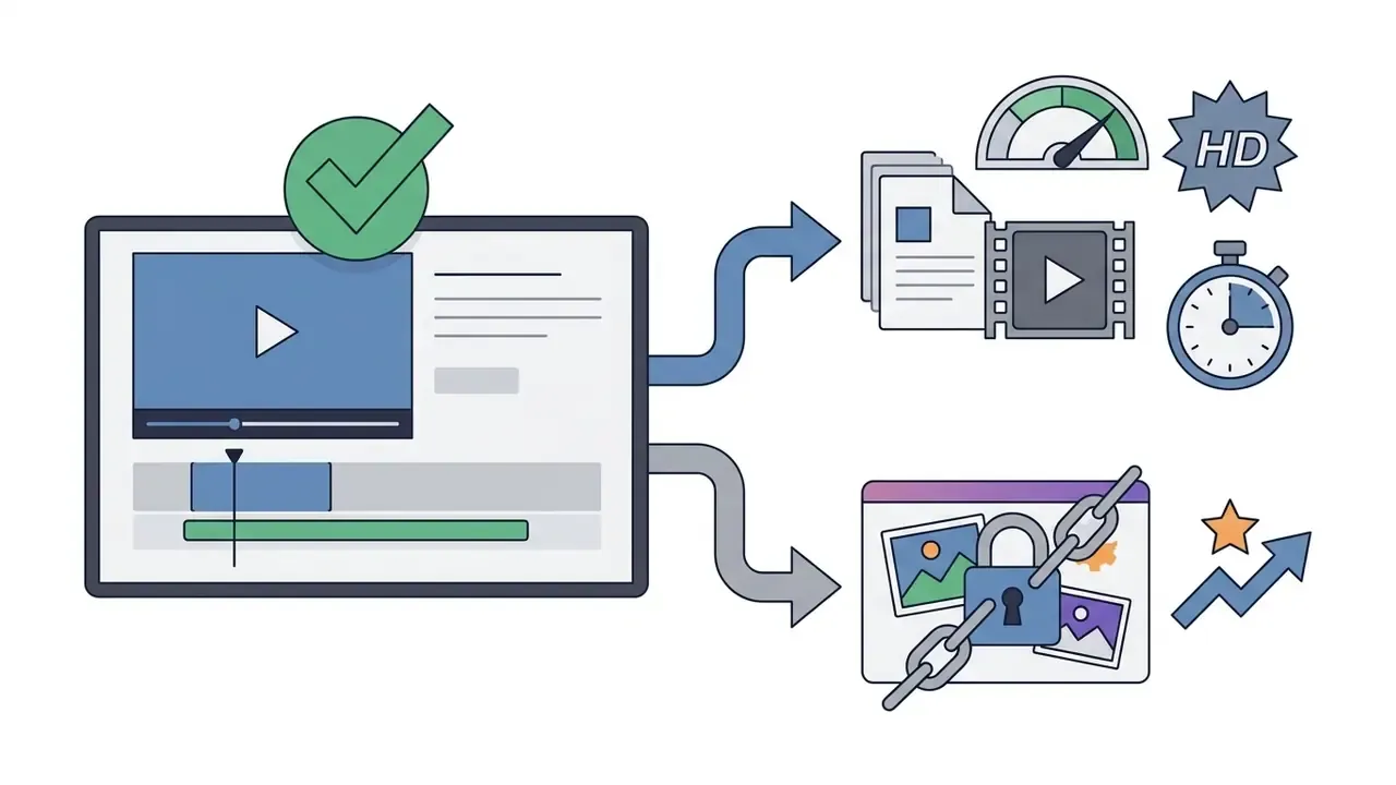 Video editor interface branching into free export features and locked premium asset options