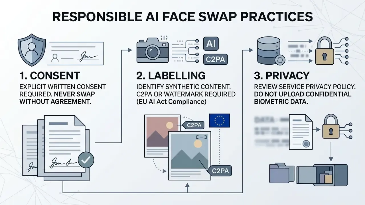 Three steps showing requirements for consent, labelling synthetic content, and protecting user privacy