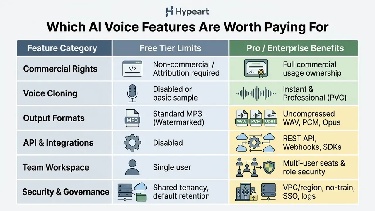 Table outlining differences between free and paid AI voice generator plans across six key feature categories