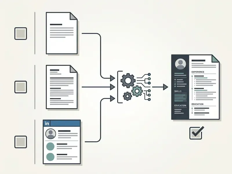Three input documents merging through a processing icon to create a single formatted career profile