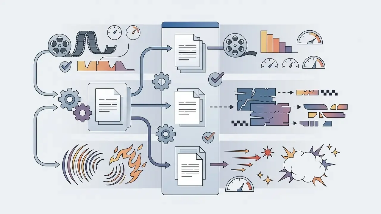 Icons of film, sound waves, and fire feeding into a gear process that outputs categorized audio assets