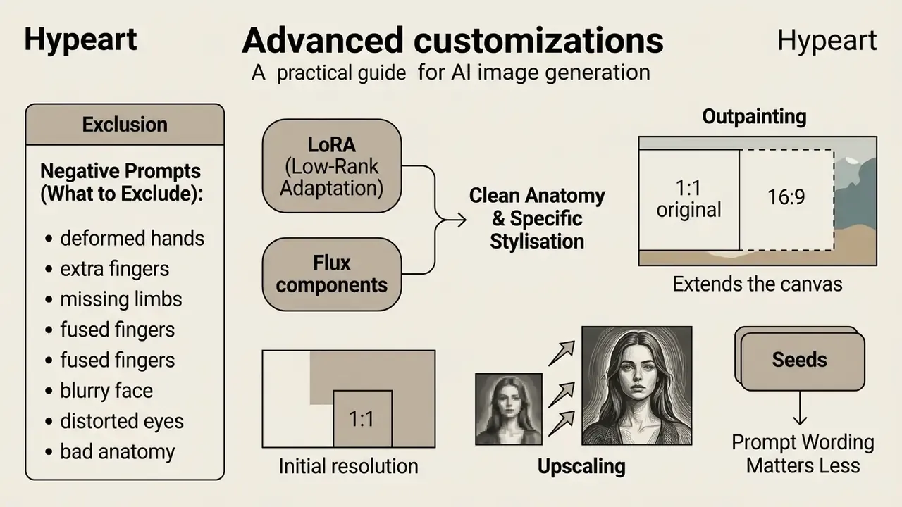 Infographic showing negative prompts, LoRA, Flux components, outpainting, and upscaling for AI image generation
