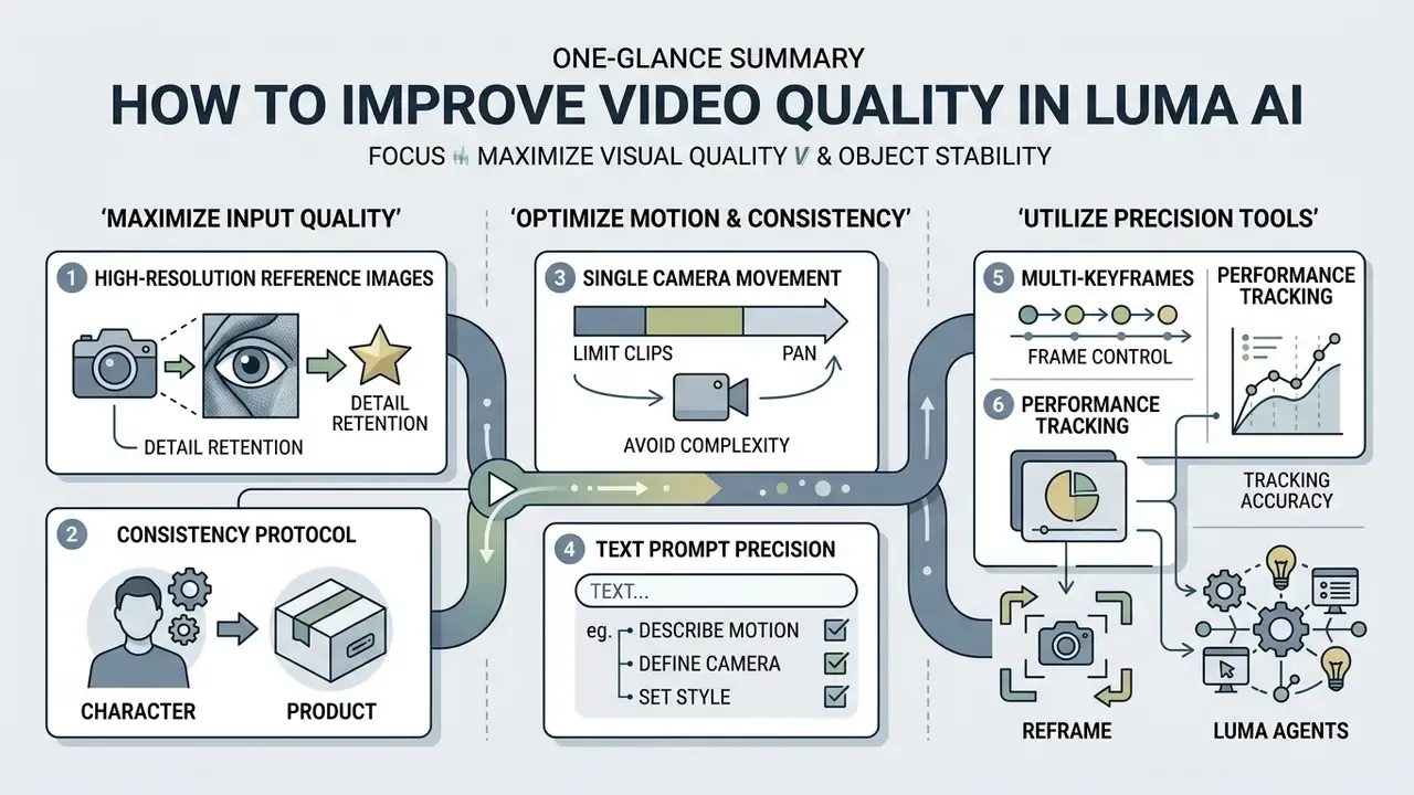 Flowchart detailing strategies for Luma AI video generation including input quality and motion control