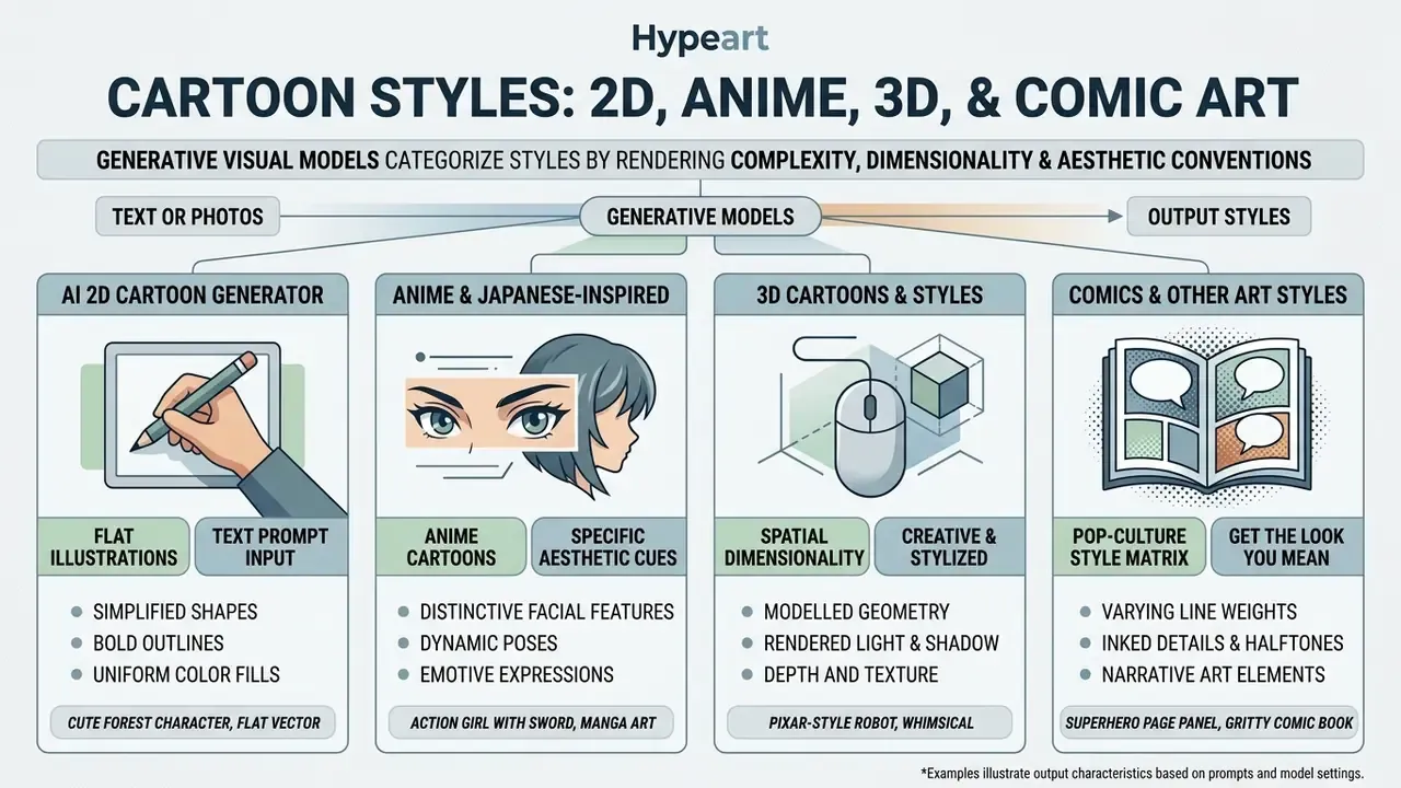 Infographic categorizing cartoon styles into 2D, anime, 3D, and comic art with specific design features