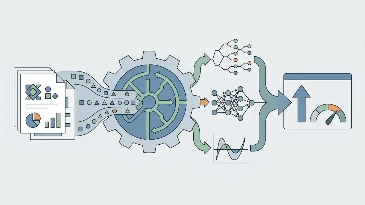 Structured data documents feeding into a central gear that processes information into statistical models