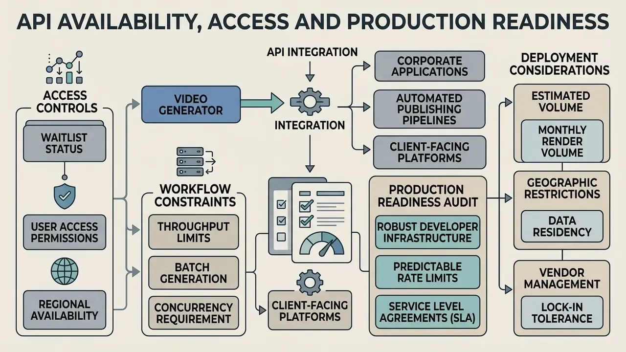 Process map showing access controls, workflow constraints, and deployment factors for AI video generation