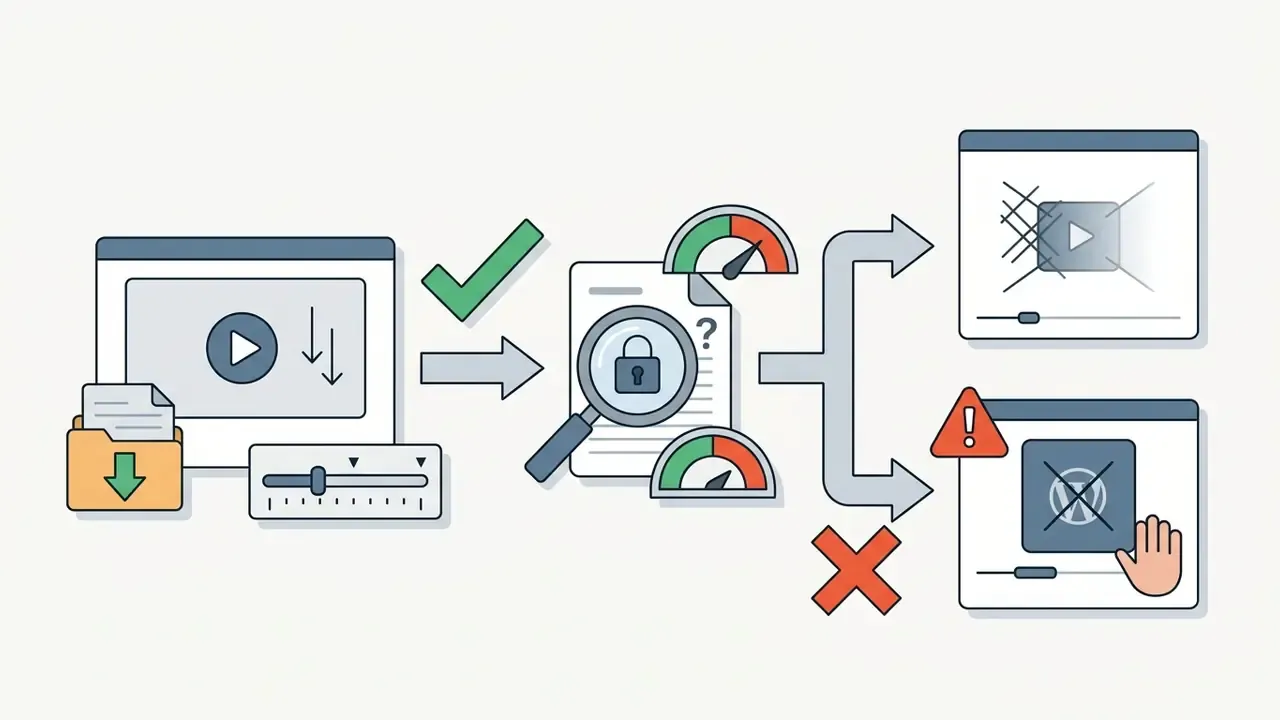 Video file settings being analyzed by a magnifying glass before splitting into two output results