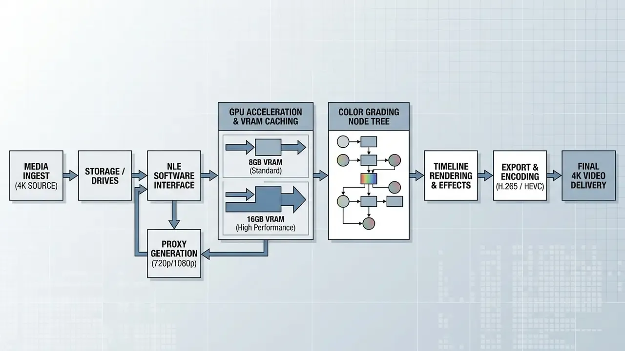 Flowchart depicting a 4K post-production pipeline from media ingest through GPU caching to final H.265 export