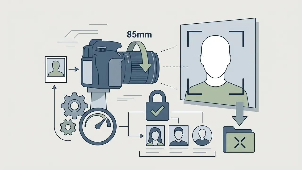 Camera with 85mm lens locking onto a portrait subject to process and save into a folder