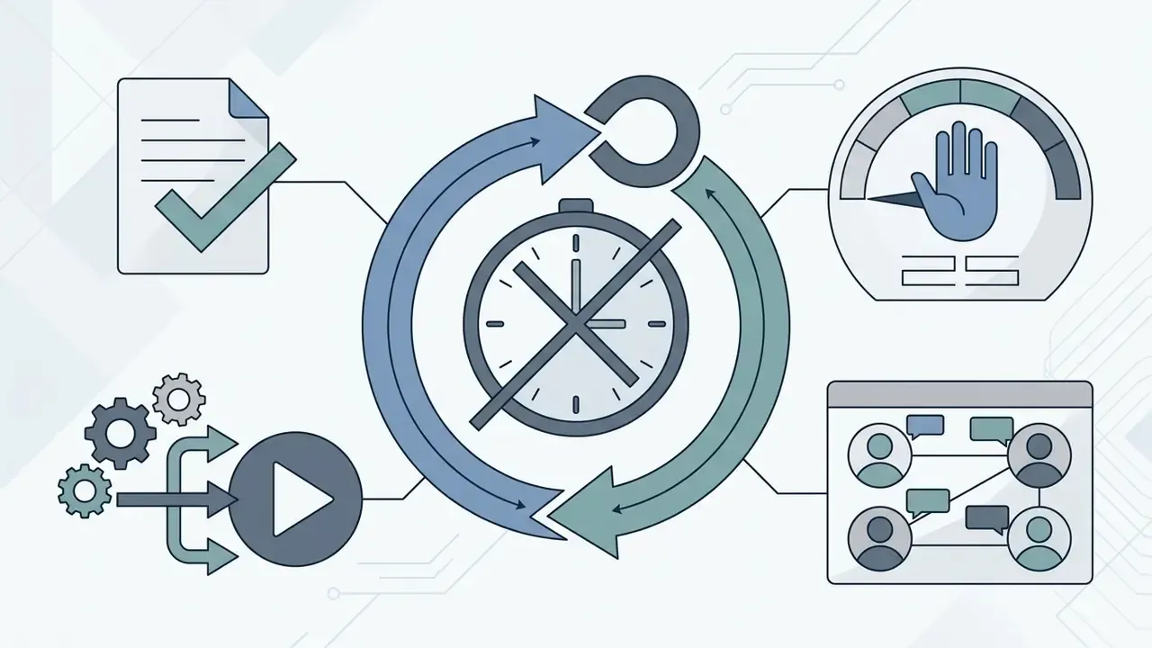 Circular arrows surrounding a clock icon with symbols for documents, speed limits, and group chat