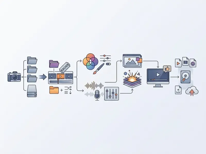 Flowchart showing the post-production process from camera ingest to final rendering and storage