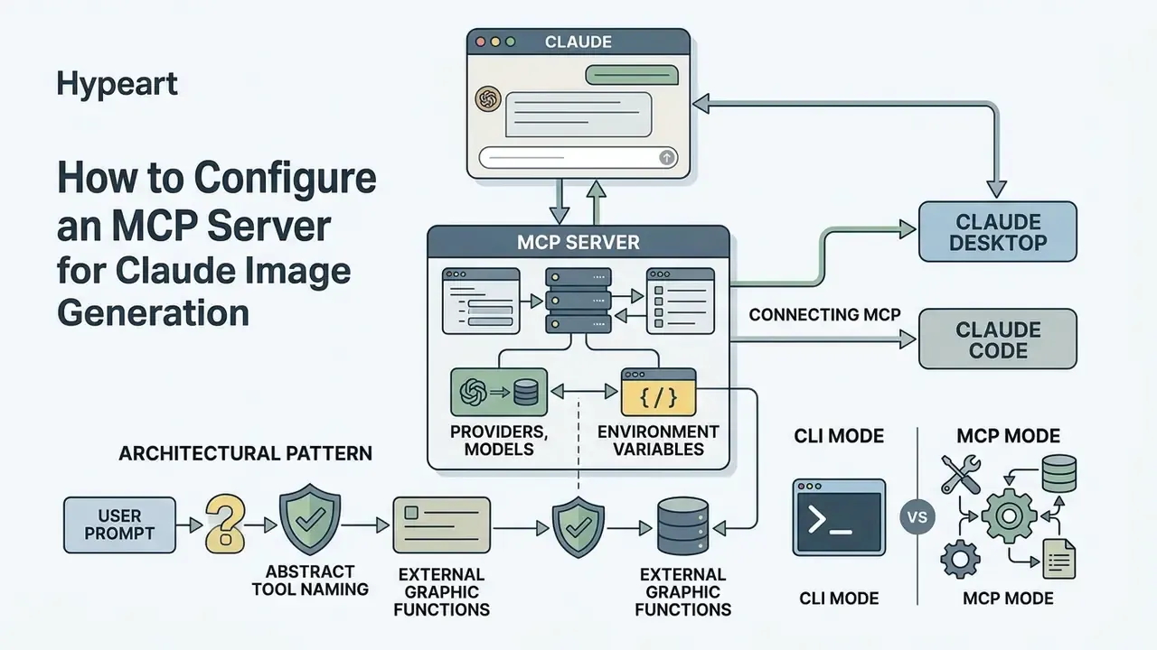 Diagram mapping MCP server integration with Claude for external graphic tool access and CLI modes