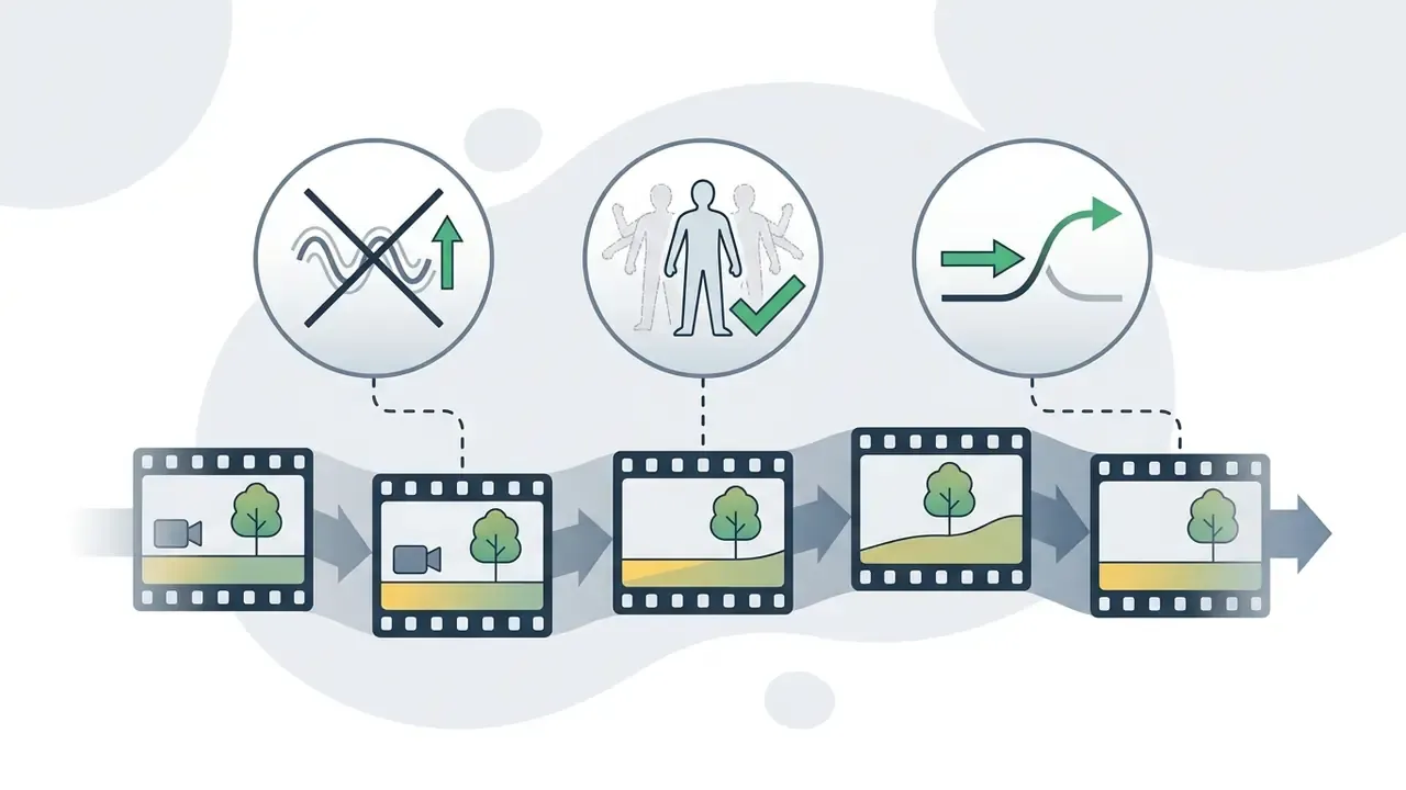 Film frames moving through a process with icons for no shake, limb control, and smooth transition settings
