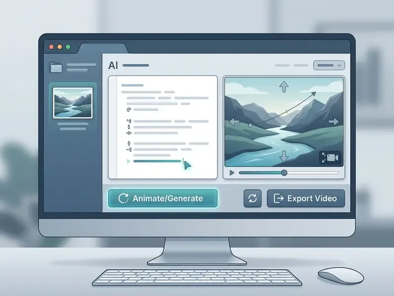 Computer screen showing a motion prompt editor with text fields and directional arrows over a landscape
