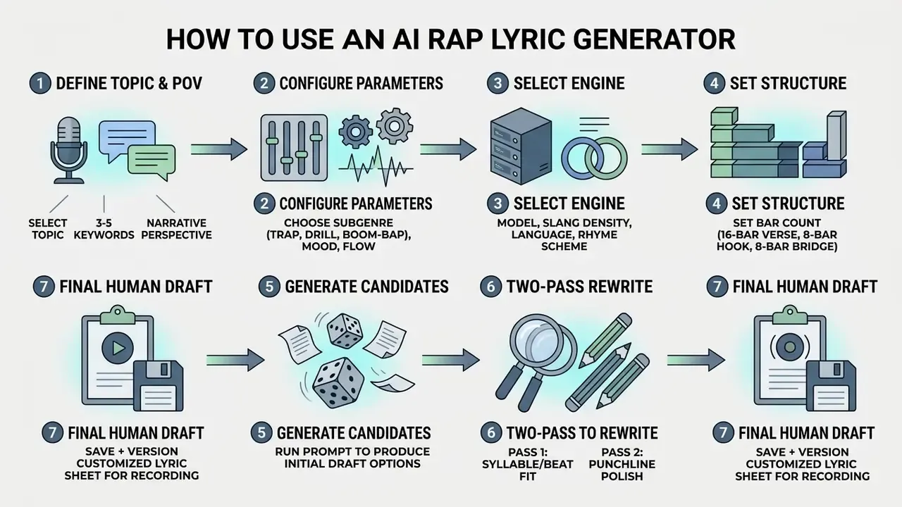 Step-by-step process diagram illustrating seven stages of creating rap lyrics with AI tools