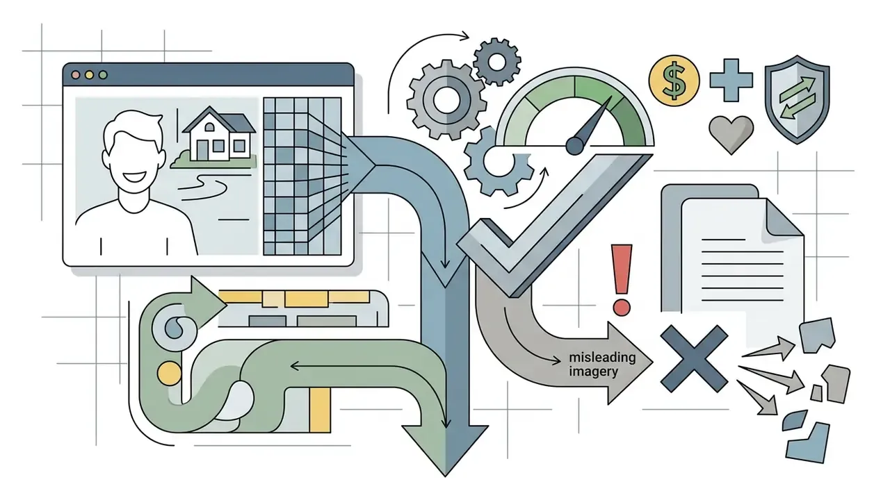 Digital window showing a person and house feeding into a process flow that highlights misleading imagery risks