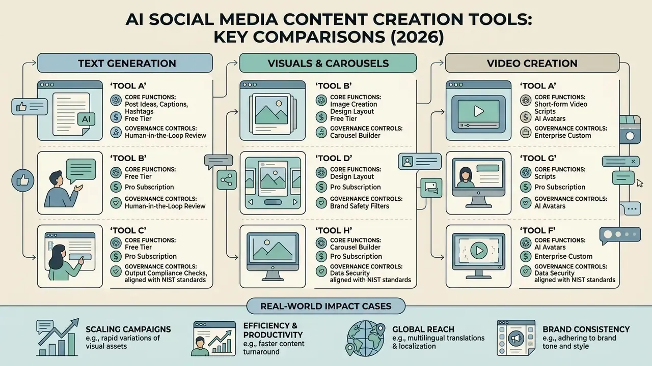 Comparison table grouping software by text, visual, and video production with real-world impact examples